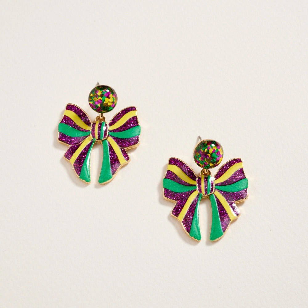 Glitter Mardi Gras Ribbon Bow Post Earrings