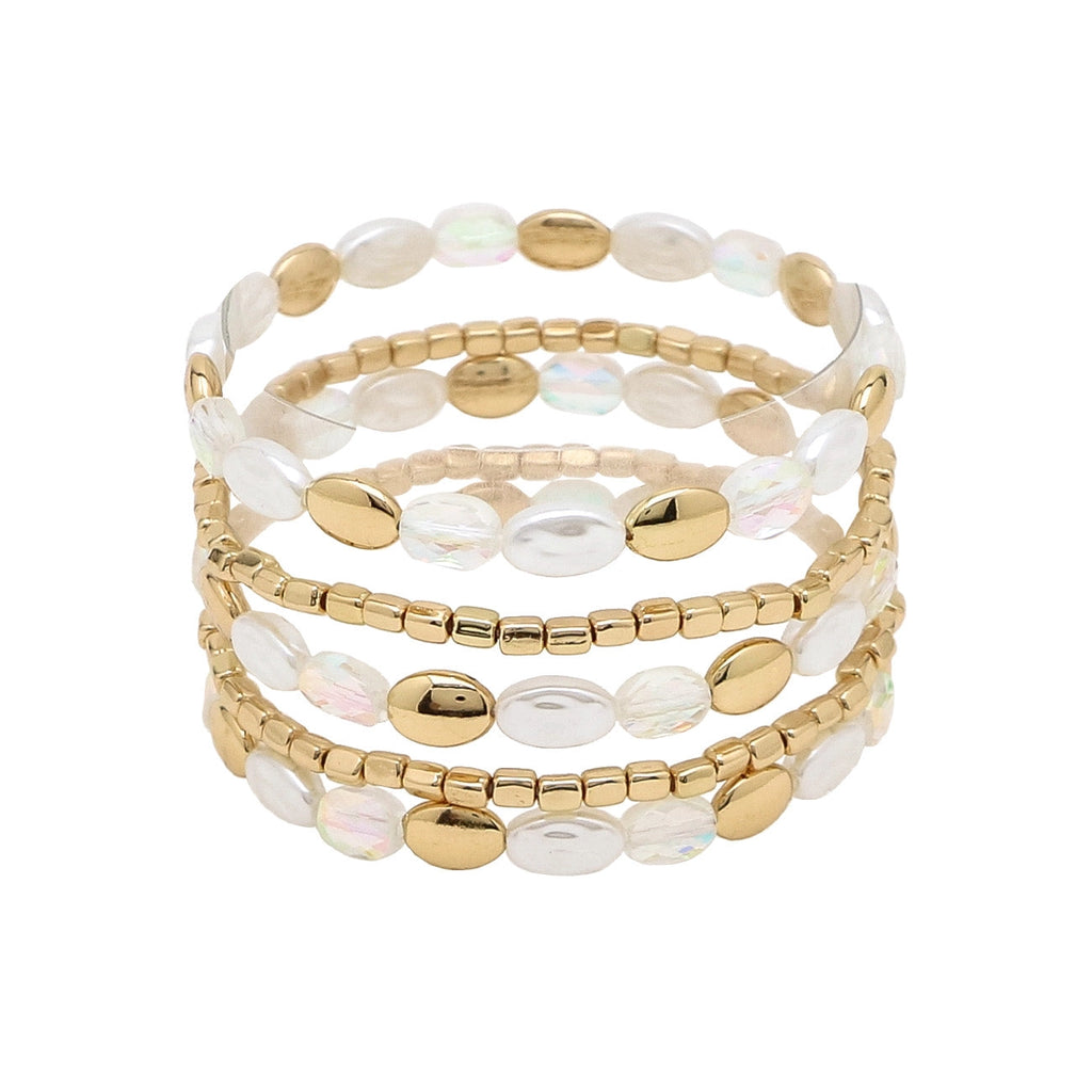 Set of 5 White, Pearl, and Gold Beaded Stretch Bracelets