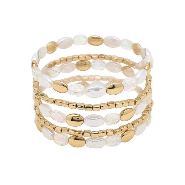 Set of 5 White, Pearl, and Gold Beaded Stretch Bracelets