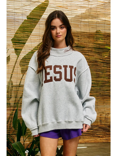 Embroidered "Jesus" Mock-Neck Sweatshirt