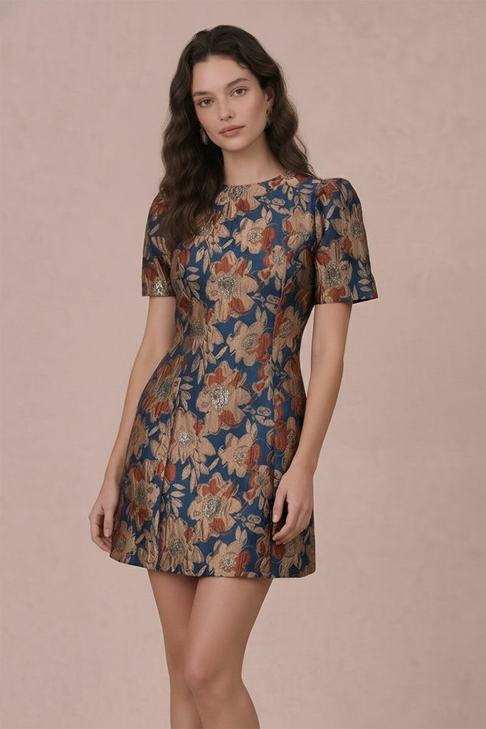 Short Puff Sleeve Jacquard Mini Dress