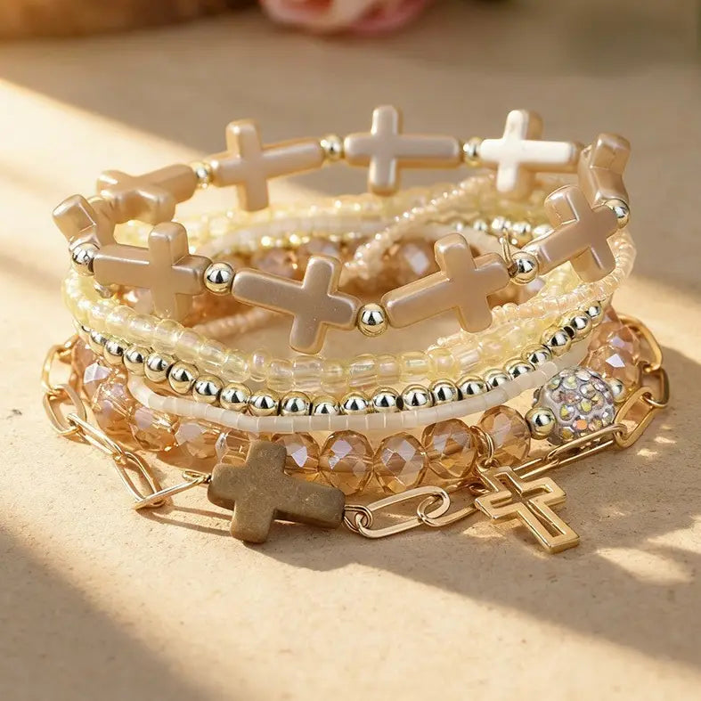 Cross Charm Mixed Beaded Bracelet Set-Brown