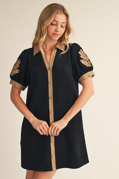 Embroidered Applique Detail Faux Suede Dress
