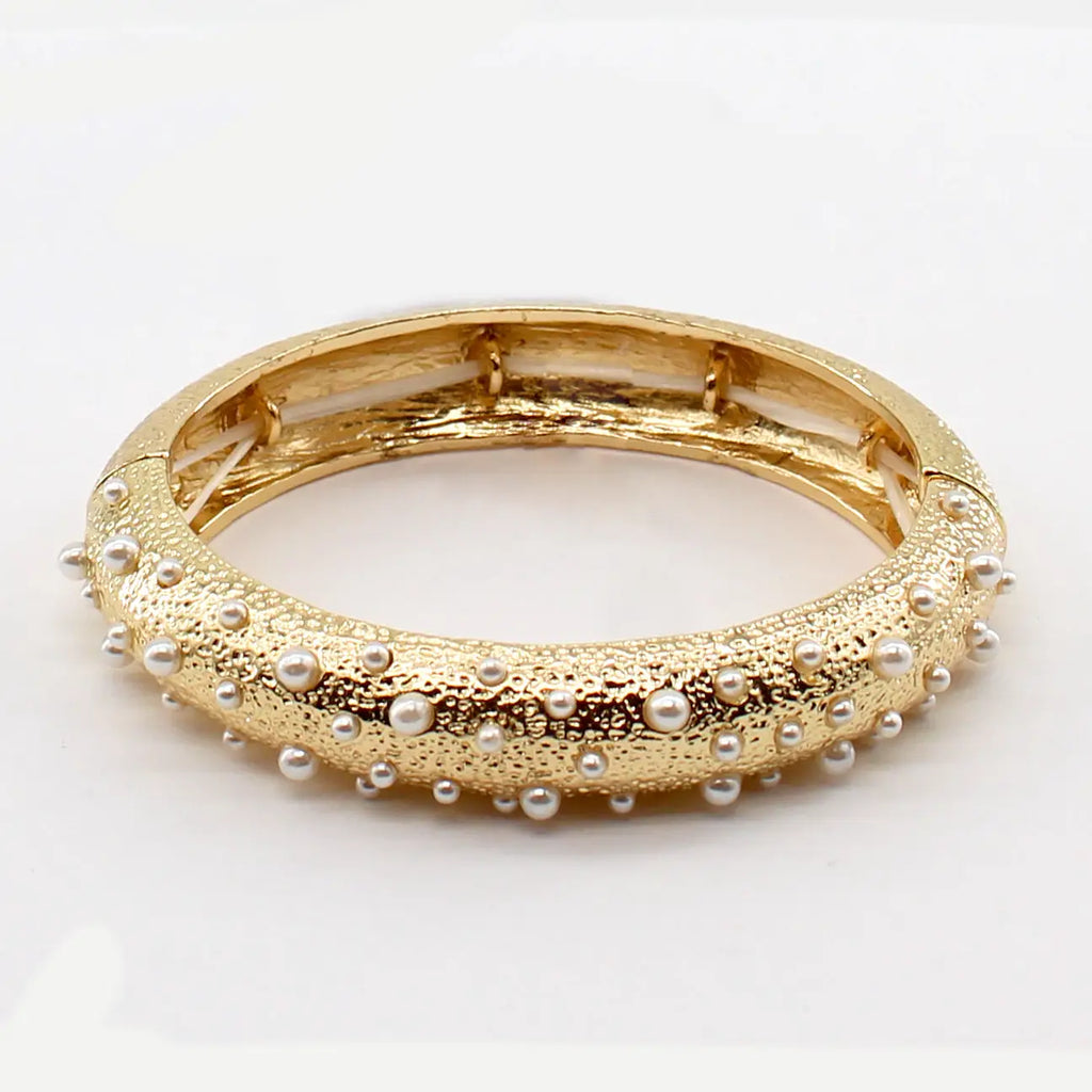 Textured Gold Stretch Bracelet w/ Small Pearl Accents