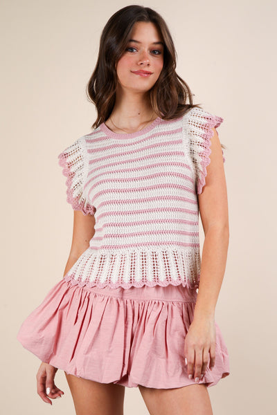 Ruffle Detail Striped Knit Sweater Top