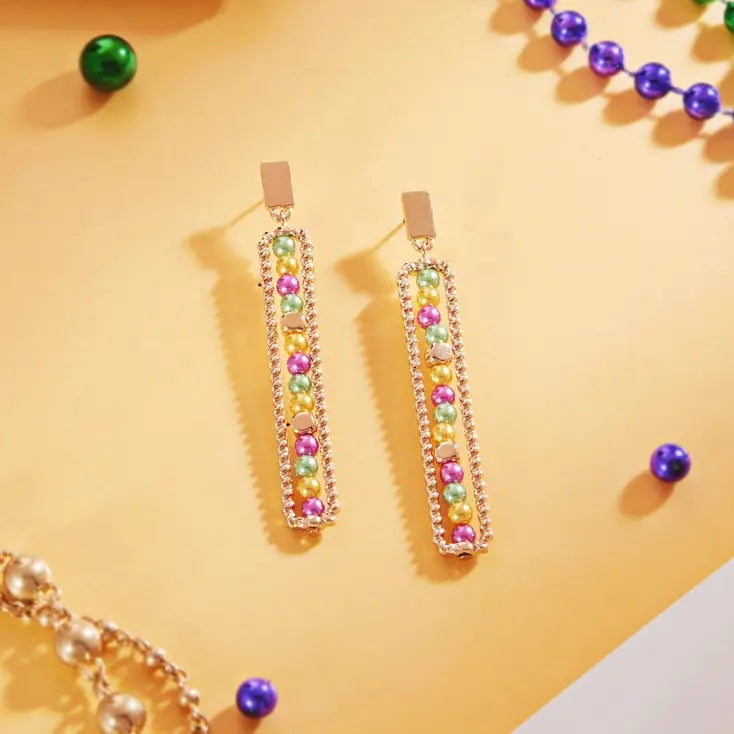 Rectangle Shaped Mardi Gras Pearl Post Earrings