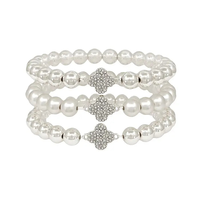 Set of 3 Silver Beaded Bracelets with Pave Clover