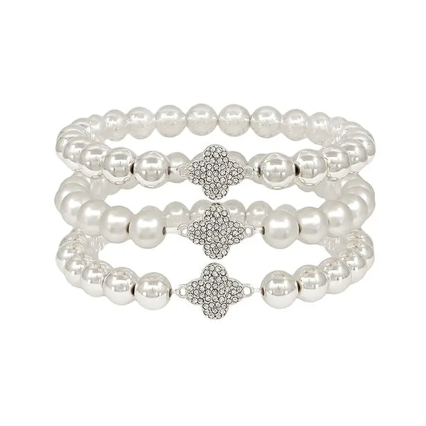 Set of 3 Silver Beaded Bracelets with Pave Clover