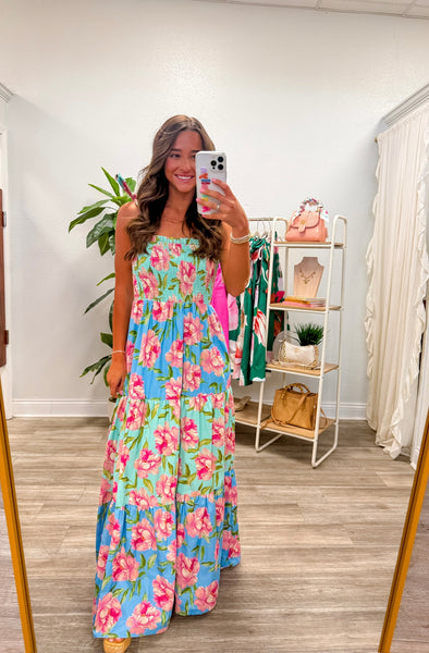 Printed Woven Shoulder Tie Maxi Dress