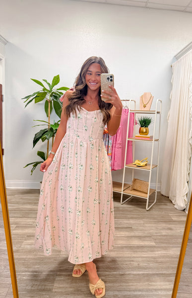 Stripe Floral Tie Strap Corset Midi Dress