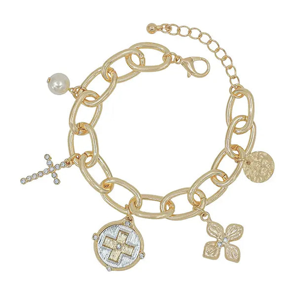 Gold Chain Bracelet w/ Cross & Coin Charms 7" w/ Extender