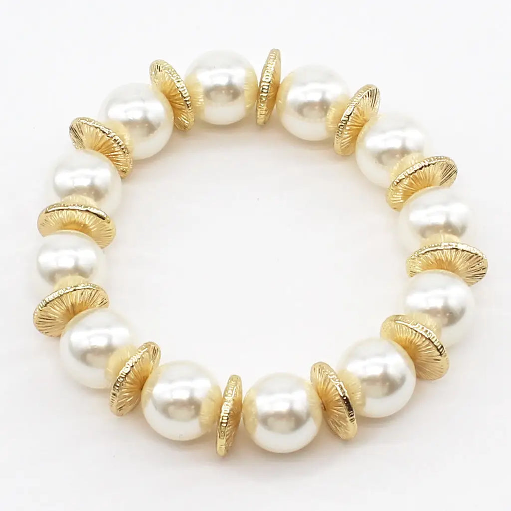 Pearl Beads with Gold Flat Stretch Bracelet
