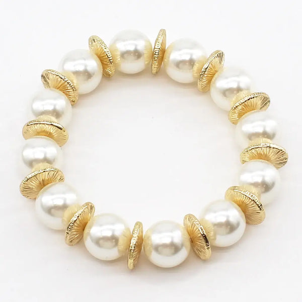 Pearl Beads with Gold Flat Stretch Bracelet