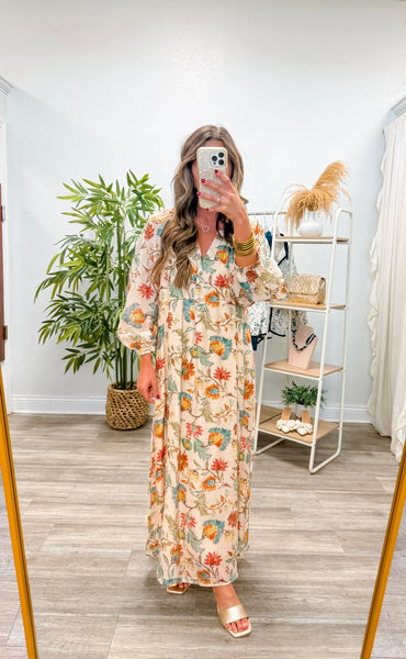 Botanical Print Long Sleeve Midi Dress
