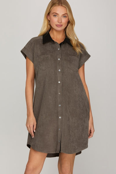 Twill Suede Mini Shirt Dress