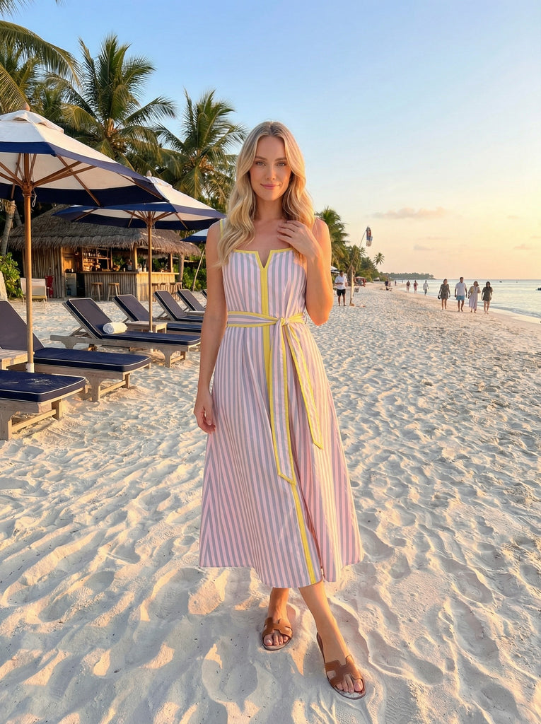 Striped Notched Square Neck Midi Dress