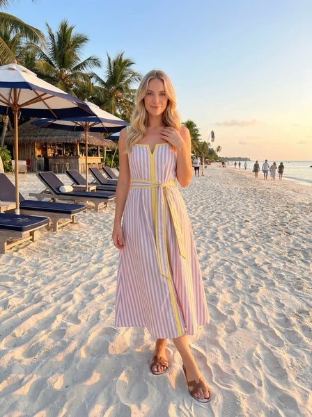 Striped Notched Square Neck Midi Dress