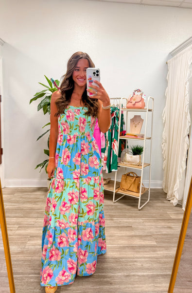 Printed Woven Shoulder Tie Maxi Dress