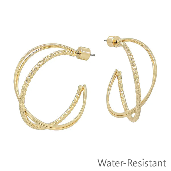 Gold Textured Twisted X 1.25" Hoop Earring