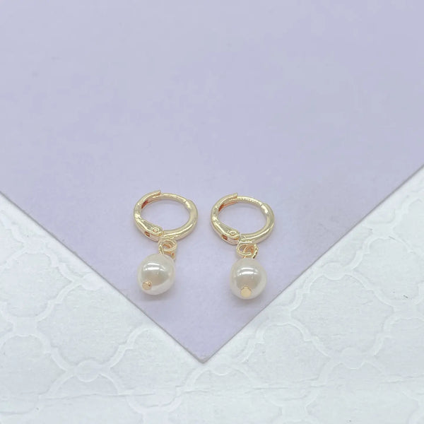 18k Gold Filled Dainty Dangling Hoop w/ Small Pearl Charm