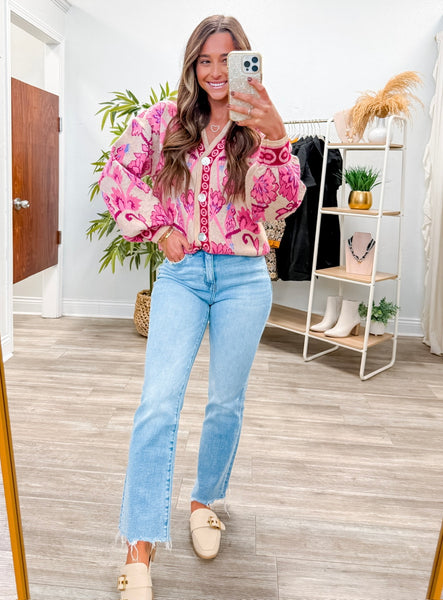 Jacquard Knit V-Neck Button Down Cardigan