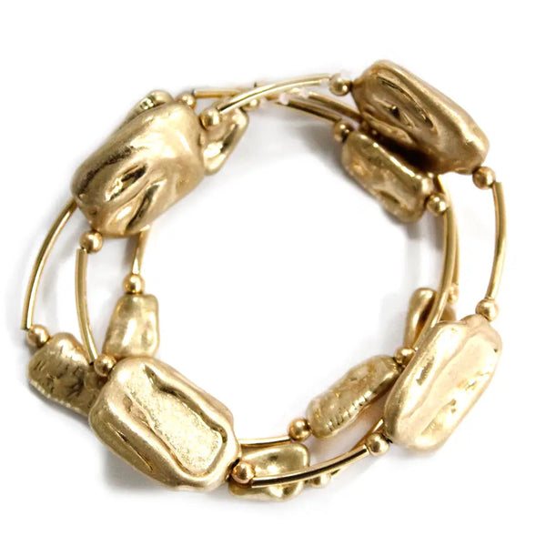 Gold Hammered Rectangle Nugget Set of 3 Stretch Bracelets