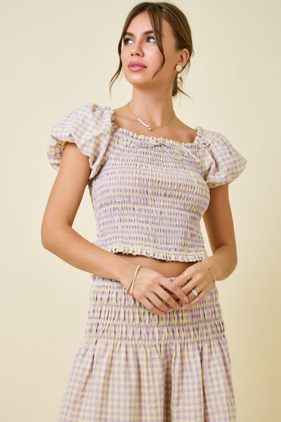 Gingham Smocked Bodice Bubble Sleeve Top With Tie