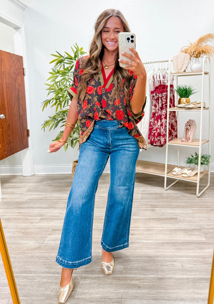 Floral Print Short Sleeve Woven Top
