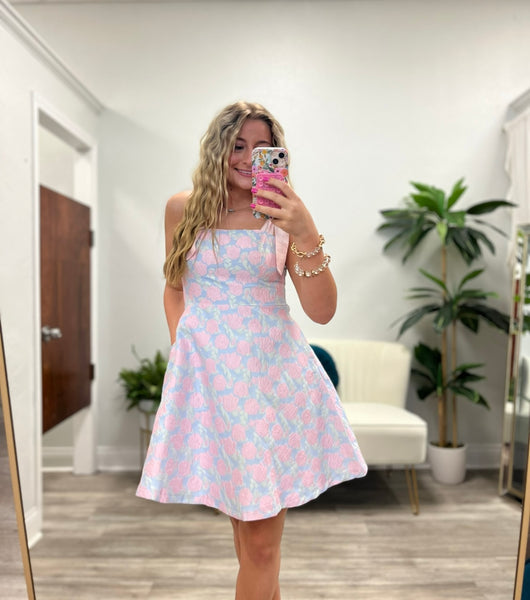 Floral Jacquard Tie-Strap Mini Dress