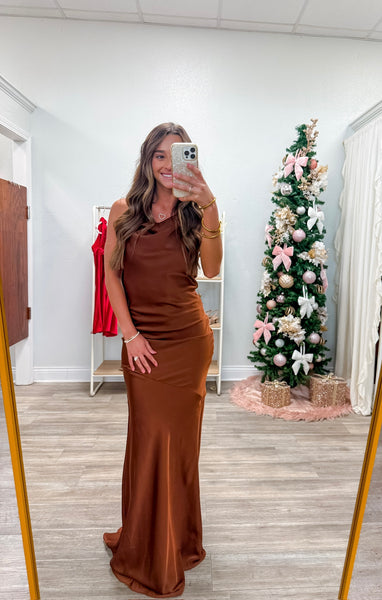 Cowl Neck Backless Satin Maxi Dress