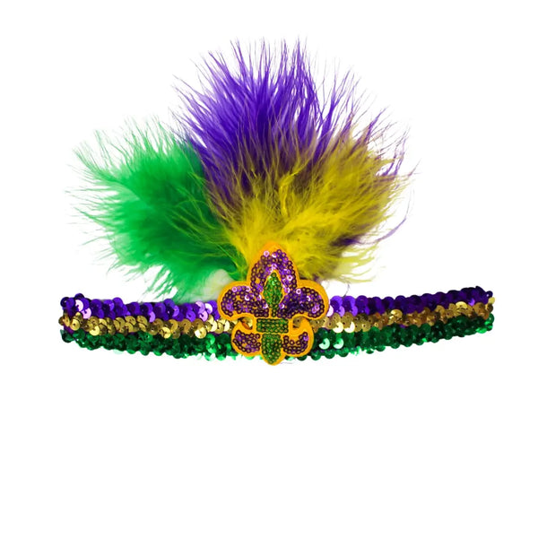 Purple, Green & Gold Sequin Headband w/ Fleur De Lis & Feathers