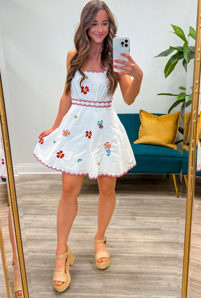 Floral Embroidered Square Neckline Mini Dress