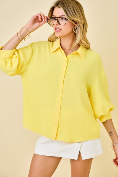 Cuffed Bubble Sleeve Button Down Top