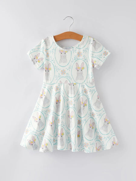 Easter Bunny Floral Short Sleeves Girls Dress