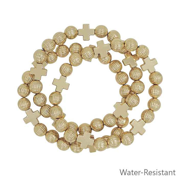 Set of 3 Beaded Gold Cross Stretch Bracelets