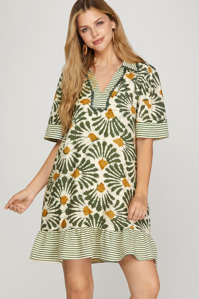 Print Collared V-Neck Mini Dress
