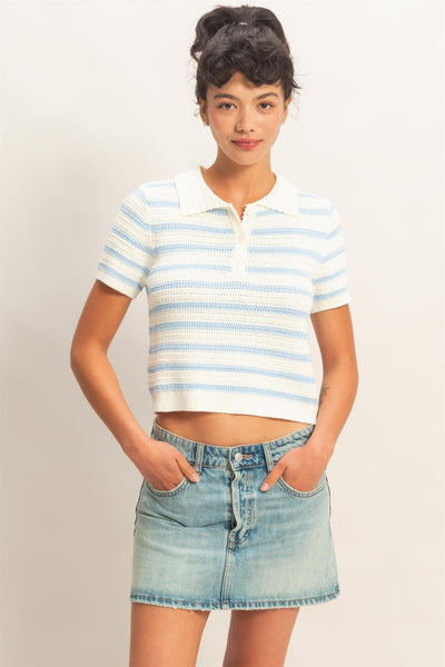 Short Sleeve Striped Knit Polo Top