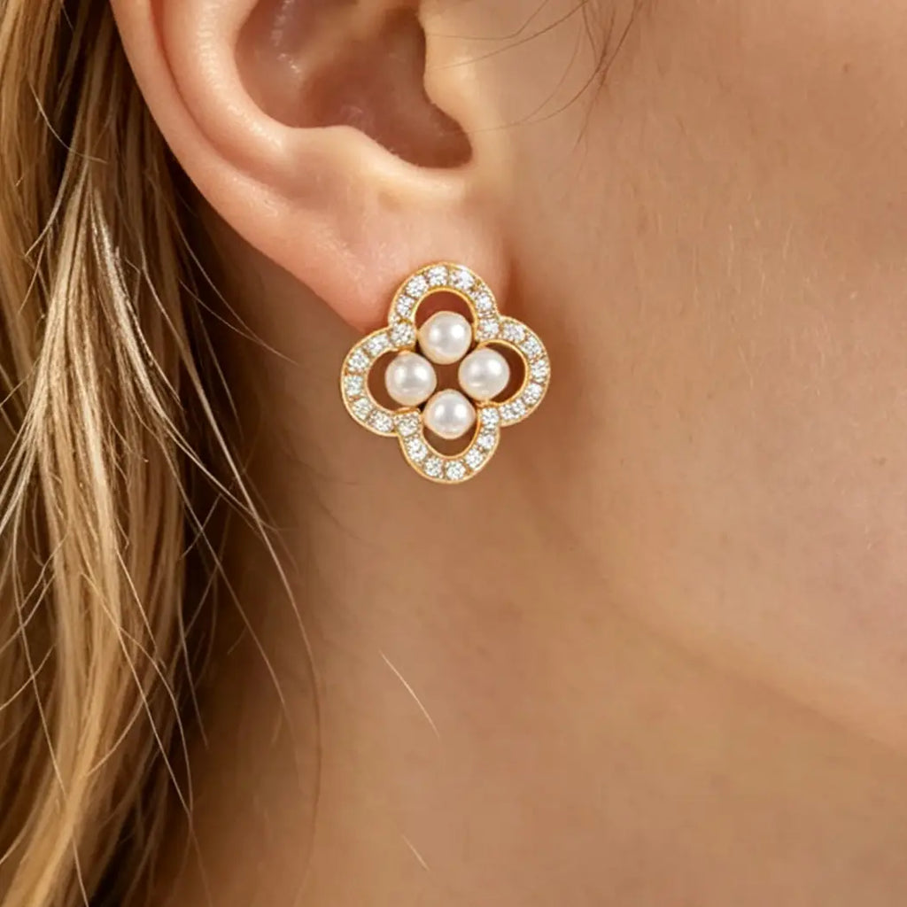 Open Pearl Beaded Clover Stud Earrings