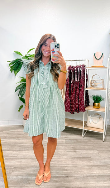 Textured Gingham Flutter Sleeve Dress