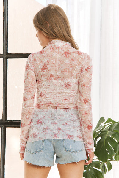 Mesh Floral High Neck Long Sleeve Top