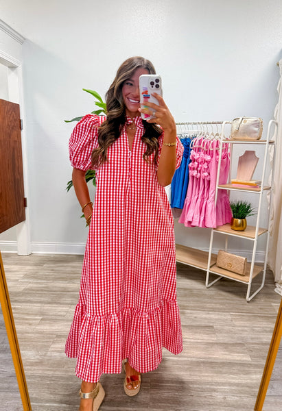 Gingham Short Puff Sleeve Midi Dress