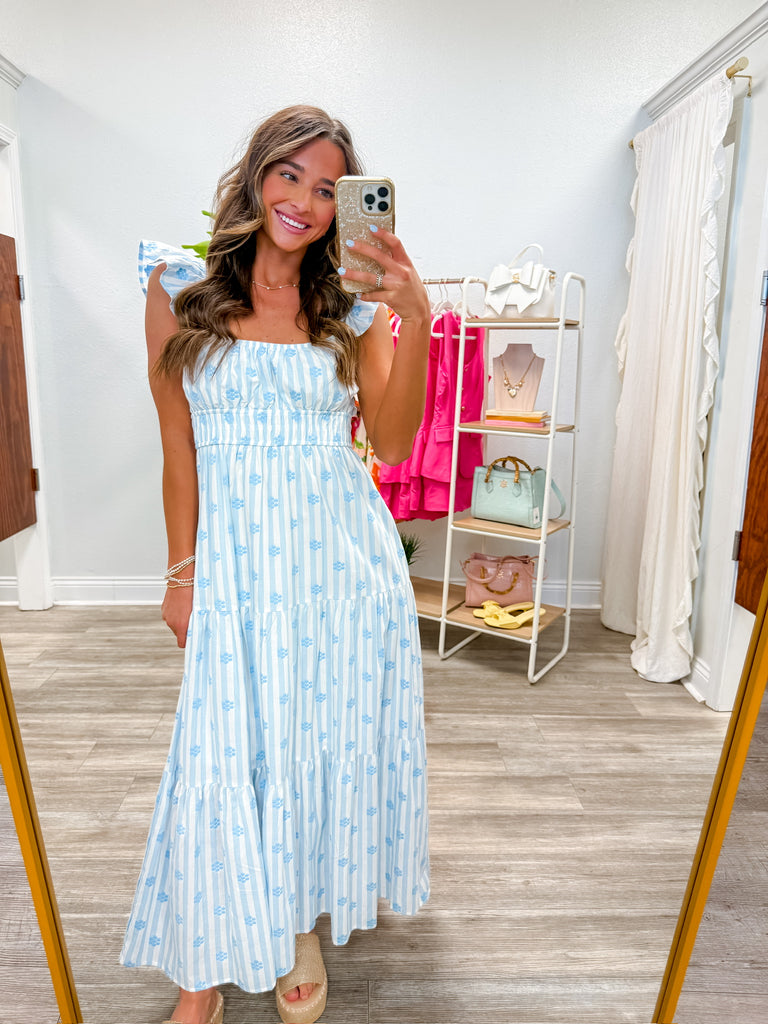 Stripe Floral Flounce Strap Tiered Midi Dress