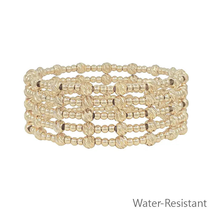 Water Resistant Gold 3mm Beaded Set of 5 Stretch Bracelets w/ Gold Accent Bead