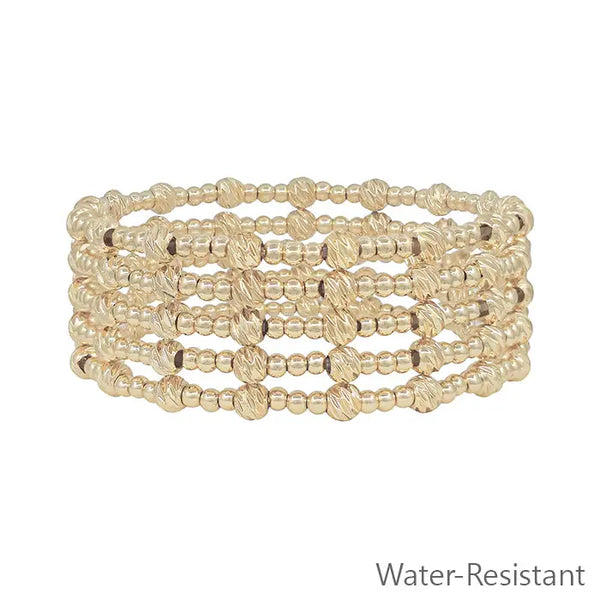 Water Resistant Gold 3mm Beaded Set of 5 Stretch Bracelets w/ Gold Accent Bead