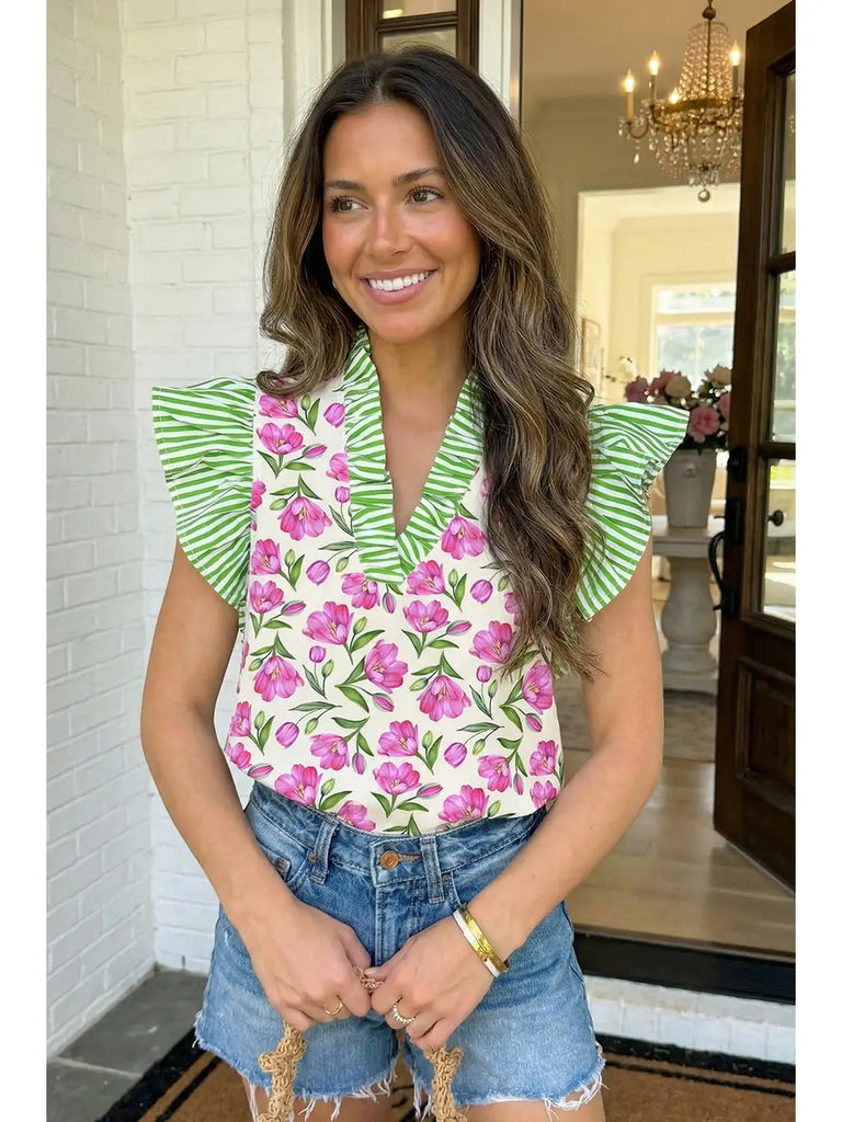 Sweet Floral Striped Ruffle Trim Blouse