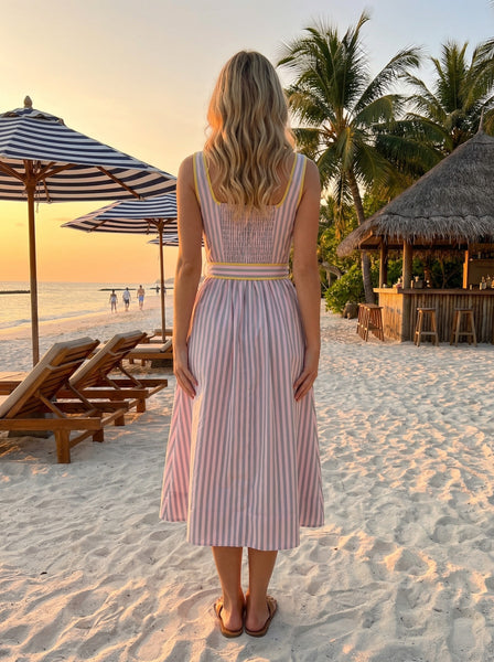 Striped Notched Square Neck Midi Dress
