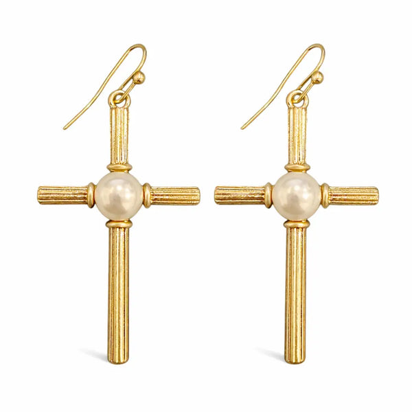 Thin Gold Metal with Pearl Accent 1.75" Cross Earring