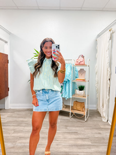 Gingham Pintuck Flutter Sleeve Top