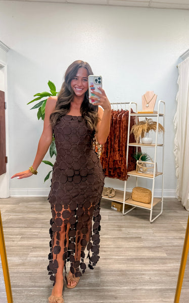 Lace Appliqué Fringe Hem Midi Dress