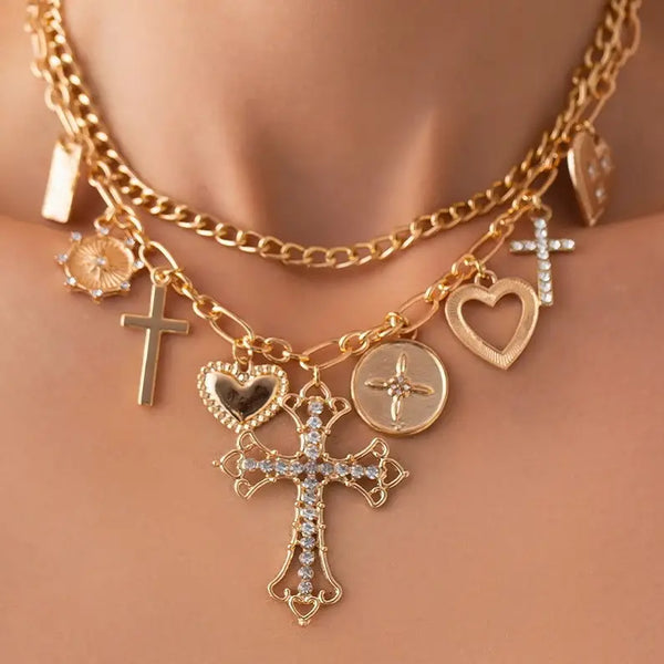 Multi Cross Charms Layered Necklace